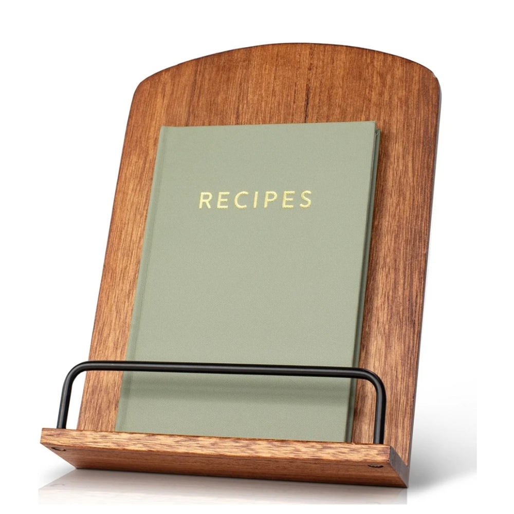 NWT Wood Cookbook Stand For Kitchen Countertop Fits iPad/Tablet In Walnut
